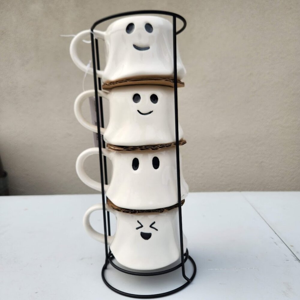 NEW Ceramic Ghost Mugs Mug Set of 4 Stacking Stackable White Stoneware Can hold